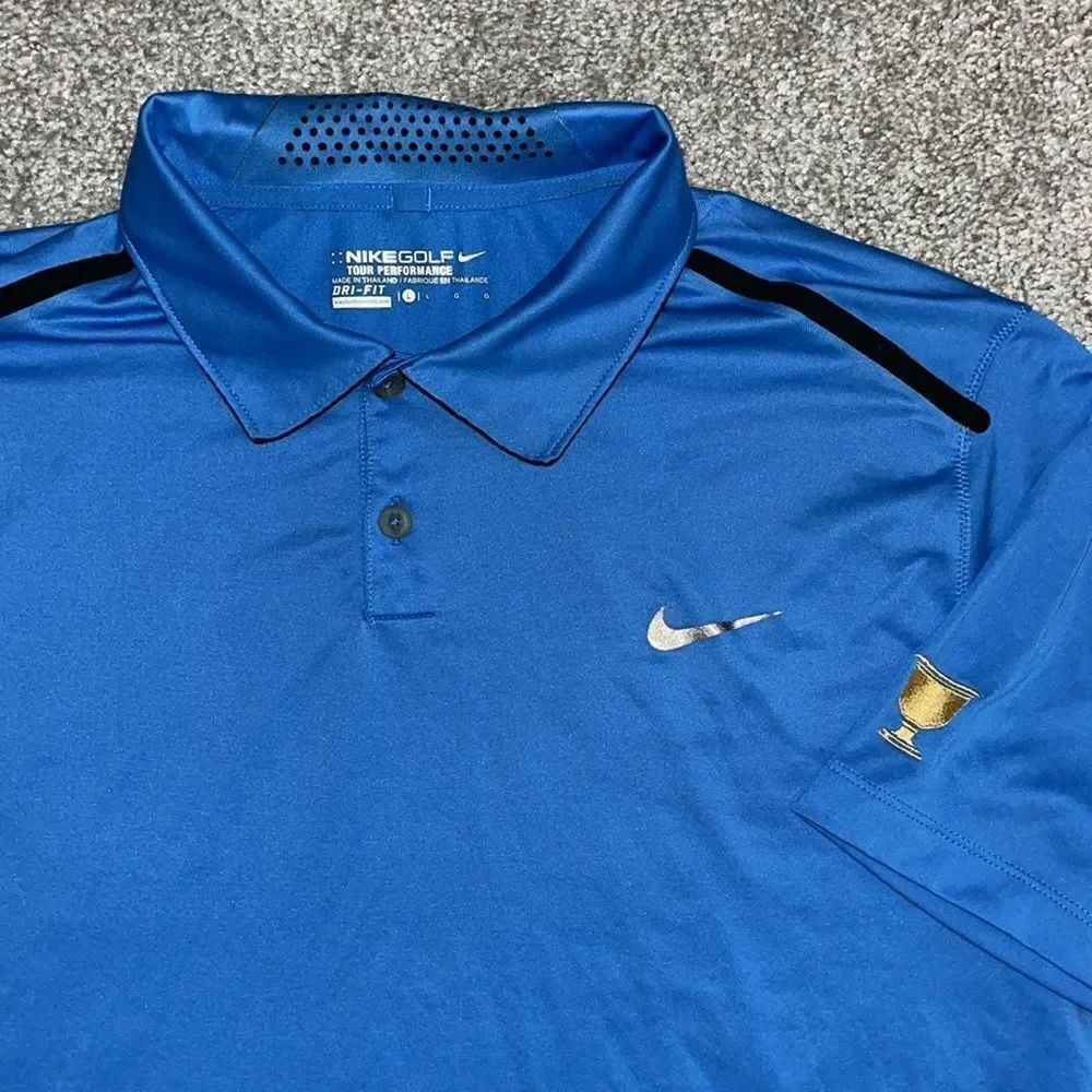 Blue Nike Presidents Cup logo Golf Polo Shirt Tour Performance Men’s L slim